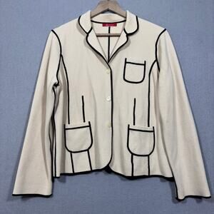 Anne Klein Cardigan Blazer L Cream Black Trim Classic Preppy Quiet Luxury READ